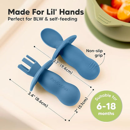 KeaBabies 4-Pack Silicone Baby Spoons and Forks Set - Baby Spoon Self Feeding, BLW Baby Utensils 6-12 Months, Baby Led Weaning Feeding Spoon, Teething Infant Baby First Food Training Pre Spoon (Kea)