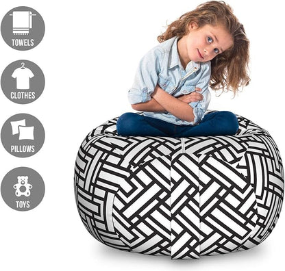 Ambesonne Black and White Storage Toy Bag Chair, Monochrome Interlocking Stripes Pattern with Modern Abstract Inspirations, Stuffed Animal Organizer Washable Bag, Large Size, White Black