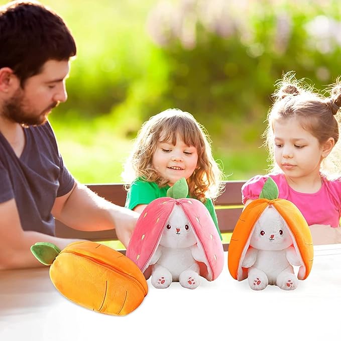 MIAODAM 13.7 inch Easter Bunny Stuffed Animal, Kawaii Squishy Cute Easter Bunny Plush Turn Into Rabbit Fruit Doll Carrot Strawberry Pillow