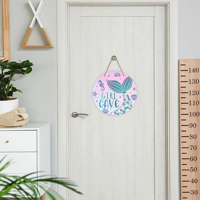 Girl Gave Ocean Mermaid Front Door Sign, Pink Coastal Wood Door Hanger Outdoor Outside Porch Nursery Decor