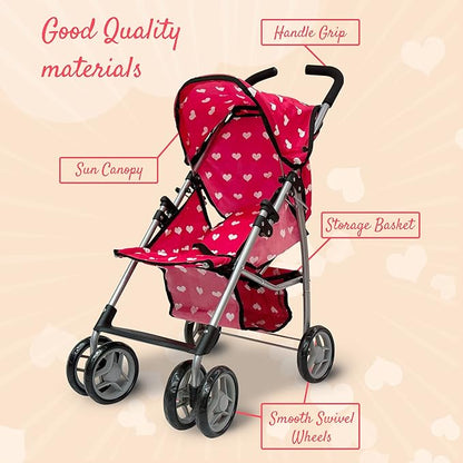 Baby Doll Stroller for Toddler Girls & Big Kids up to 8 Years Old | 28” Baby Stroller for Dolls, Toy Baby Stroller with Cute Pink Hearts Pattern