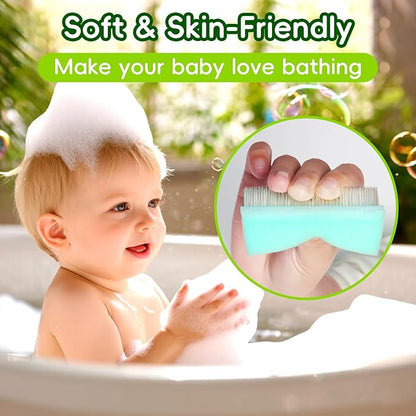 Cradle Cap Brush for Babies, Set of 5 Baby Bath Essentials with Bath Sponge Silicone Scrubber Long Handle Comb for Newborns Toddlers Boys Girls (Green)
