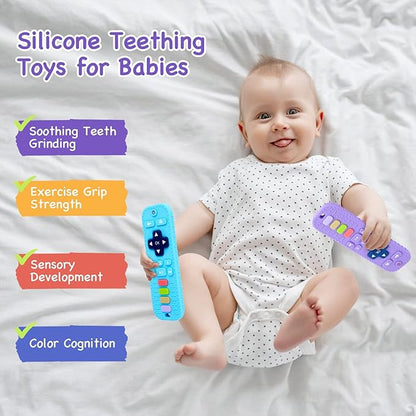 Hooku 2 Pack Remote Teether for Baby, Silicone Teethers for Babies 6-12 Months 0-6 Months,