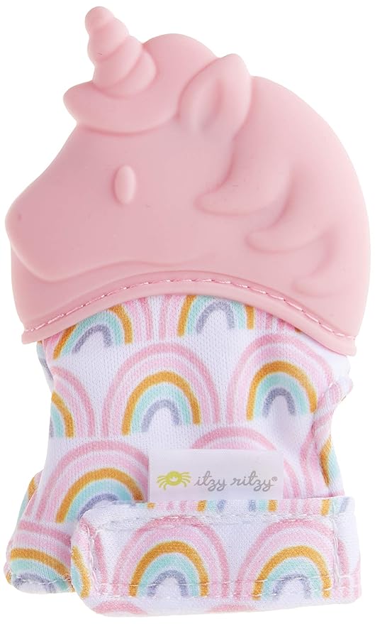 Itzy Ritzy Silicone Teething Mitt - Soothing Infant Teething Mitten w/Adjustable Strap, Crinkle Sound 3 Mos