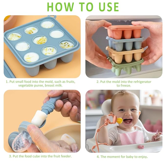 Silicone Baby Fruit Food Feeder Pacifier & Baby Food Freezer Tray Combo, Breast Milk Popsicle Freezer Molds Teether Toy for Babies 3-6 12 Months,