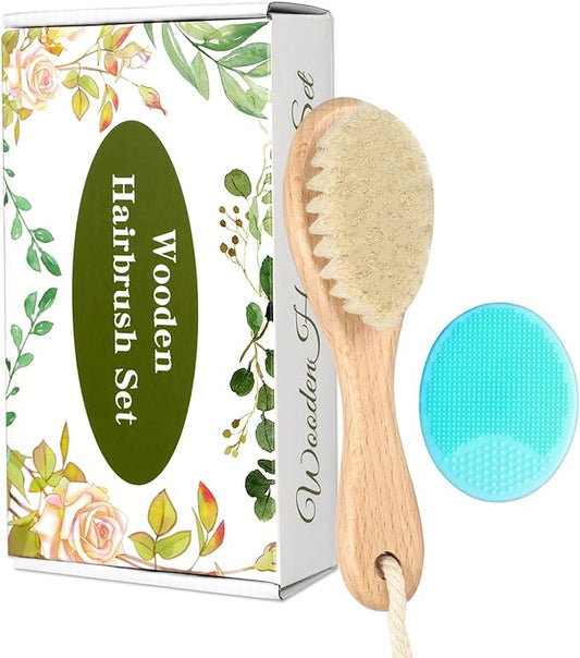 Wooden Soft Goat Bristles Brush with Baby Silicone Hair Scrubber Cradle Cap Brush for Newborns, Toddlers, Infant, Baby Hair Care Kit (Green)