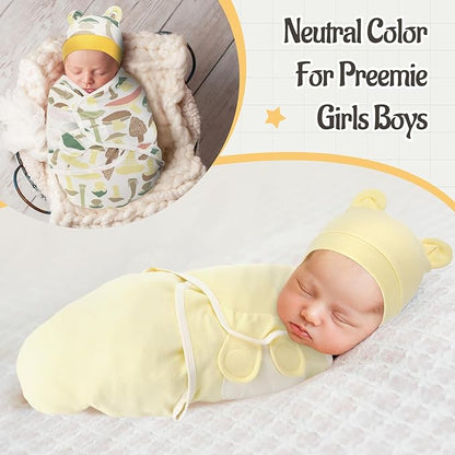 Buryeah 4 Pack Preemie Swaddle Blanket Wrap Set with Hat for Baby Boys Girls 3-7 Lbs Preemie Newborn Clothes Sleepers Cap