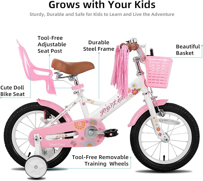 JOYSTAR Little Daisy Kids Bike for Girls Boys Ages 2-7 Years, 12 14 16 Inch Girls Bikes with Doll Bike Seat & Streamers