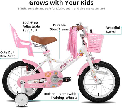 JOYSTAR Little Daisy Kids Bike for Girls Boys Ages 2-7 Years, 12 14 16 Inch Girls Bikes with Doll Bike Seat & Streamers
