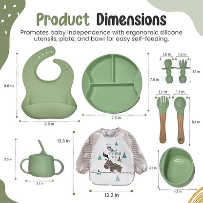 Silicone Baby Feeding Set, Eating Utensils with Suction Plate and Bowl, Baby Led Weaning Supplies, Toddler Self Feeding Dish Set, Waterproof Bib, Baby Feeding Essentials, Spoon 10pcs (Green)