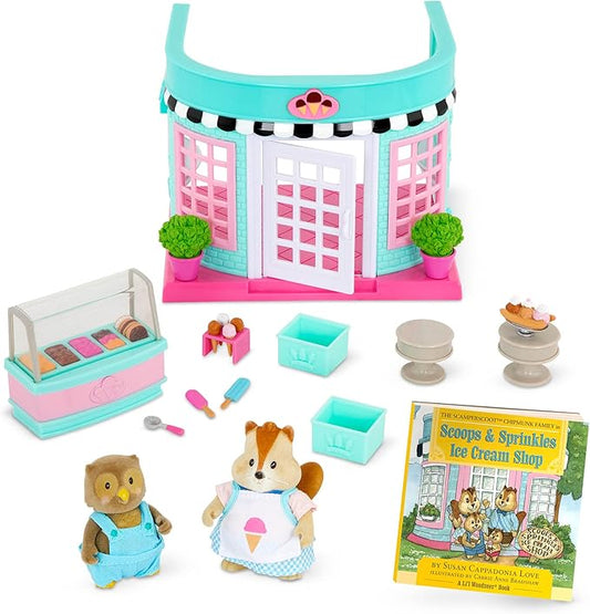 Li’l Woodzeez – Scoops & Sprinkles Ice Cream Shop 21Pcs Dollhouse 2 Posable 1 Storybook 3+