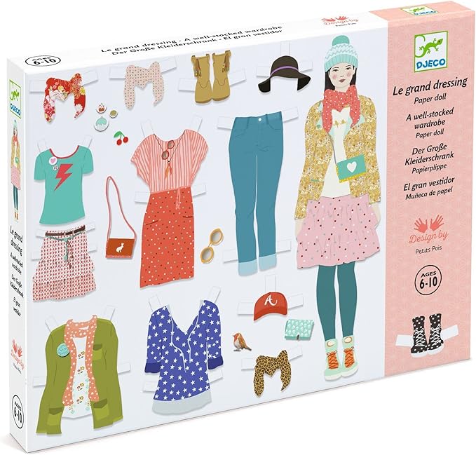 DJECO Paper Doll Fashion Dressing Room - Dress Up Dolls, Endless Outfits for Home, School or Gifts - Fun & Creative for Family & Friends - Playful, Educational Art Toys for Girls, Kids