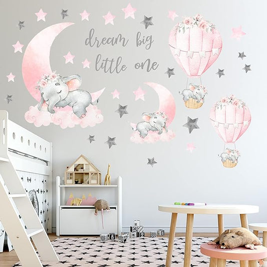 Dream Big Little One Elephant Wall Stickers, Pink Moon Hot