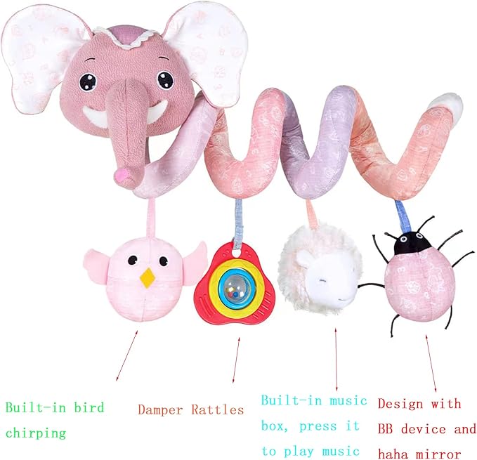 Car Seat Toys, Infant Baby Elephant Fox Spiral Plush Activity