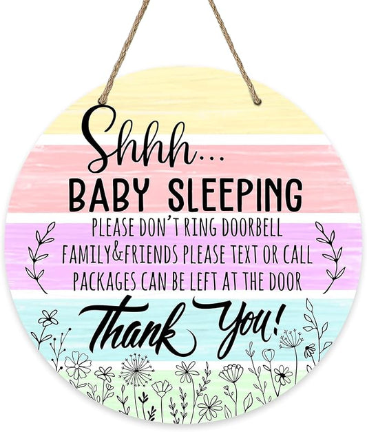 Deroro Shhh Baby Sleeping Watercolor Front Door Sign, Please Don't Ring Doorbell Wood Door Hanger Outdoor Outside Porch Baby Room Decor