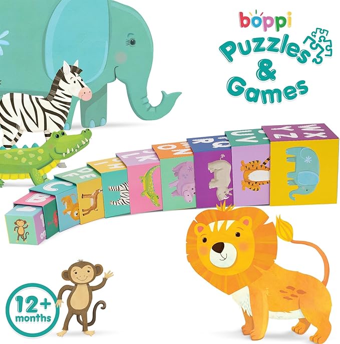 Baby Stacking Blocks Jungle Safari Animal Toys with Letters and Numbers, Montessori Cubes for Toddlers
