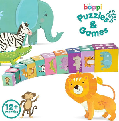 Baby Stacking Blocks Jungle Safari Animal Toys with Letters and Numbers, Montessori Cubes for Toddlers