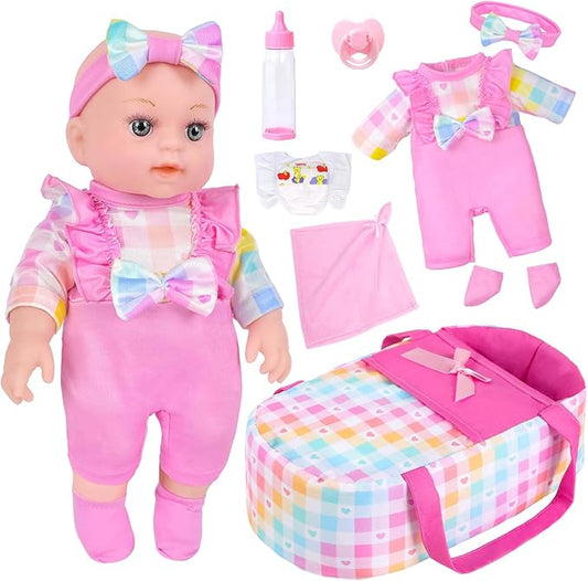 12" Girls Baby Doll With Carrier Bassinet Bed,Pink Plaid Pattern 36 Months