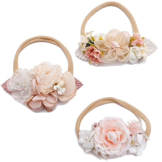 Delicate Floral Headbands Set for Girls - 3pcs Elastic Nylon Pearl Hair Bands, Soft & Stretchy Accessories for Infants