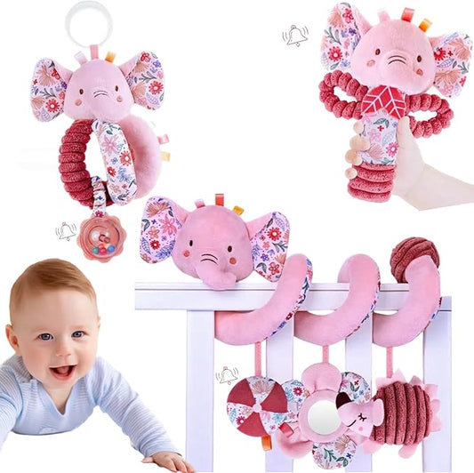 Infant Toys 0-6 Months Spiral Car Seat Toy - Baby Stroller Hanging Rattles Crib Toy Stuffed Animals for Babies 0-3-4-5-6-12 Month, Newborn Girl Boy Shower Gifts, Mirror Crinkle, Elephant 3PCS