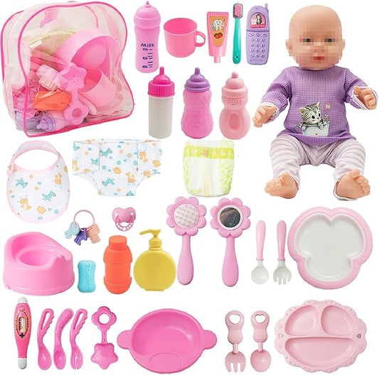 SOTOGO 34 Pieces Baby Doll Care Set Doll Feeding and