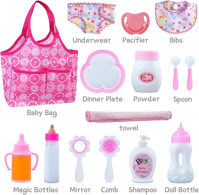 BABESIDE Baby Doll Bottles and Accessories 15 Pcs Baby Doll Feeding Set Including Diaper Bag, Magic Bottles 12-15 Inches