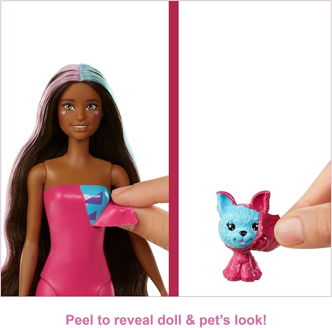 Barbie Color Reveal Peel Unicorn Fashion Reveal Doll Set with 25 Surprises Including Pink Peel-able Doll & Pet & 16 Mystery Bags with Clothes & Accessories for 2 Unicorn-Inspired Looks