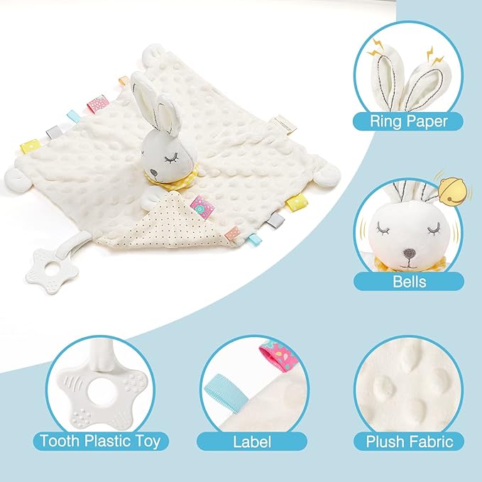 Zooawa Loveys for Babies, Security Blanket Soft Stuffed Animal Bunny Lovey Unisex Lovie Baby Stuff Snuggle Blanket with Tags Teether Bells