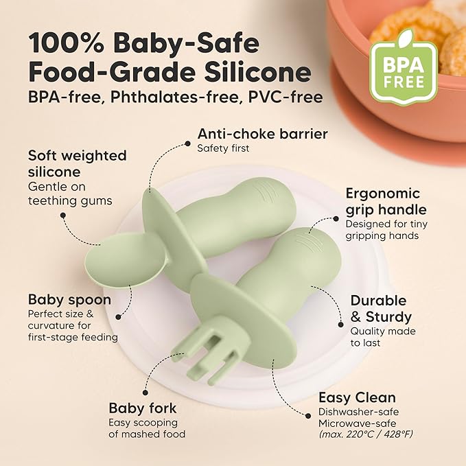 KeaBabies 4-Pack Silicone Baby Spoons and Forks Set - Baby Spoon Self Feeding, BLW Baby Utensils 6-12 Months, Baby Led Weaning Feeding Spoon, Teething Infant Baby First Food Training Pre Spoon (Sage)