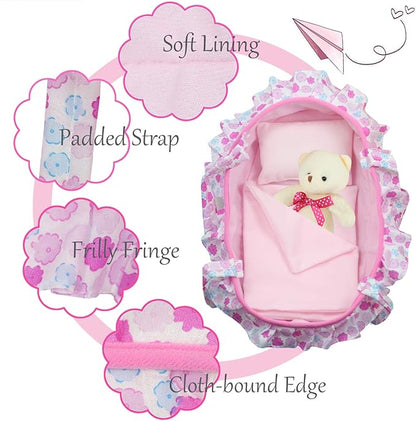 Baby Doll Cradle Bassinet Portable Doll Carrier Carry Bag,Soft Pillow Quilt Plush Bear Doll Clothes Outfit 8-9-10-11-12 Inch