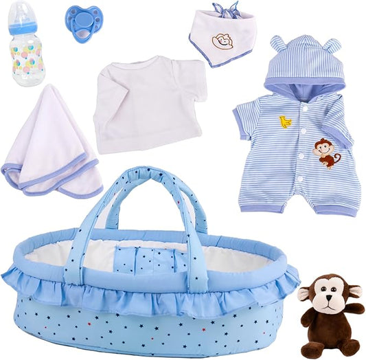 Aori 9 Pcs Reborn Baby Dolls Outfit Set with Bassinet 16-18 Inch