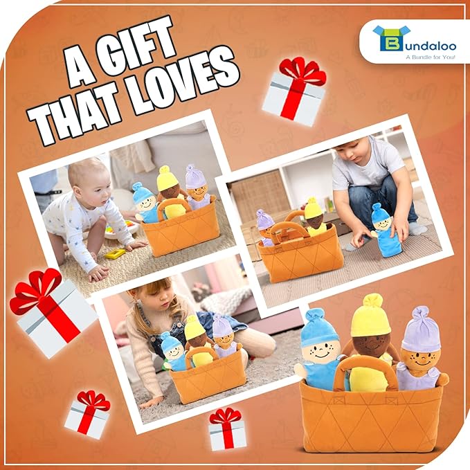 Bundaloo Basket of Babies with Realistic Giggling Sounds - Plush Baby Doll Set with Carrier 3 Multicultural