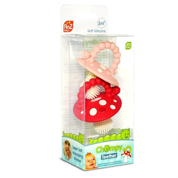 RaZbaby Chompy Teether for Infant & Baby 3M+ Teether Toy with Massaging Bristles for Teething Relief Pacifier - Soothes Sore Gums