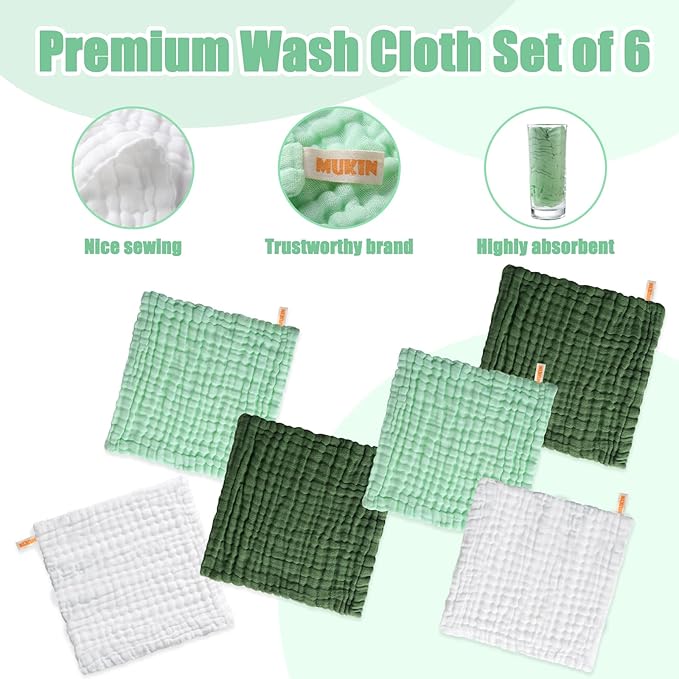 MUKIN Baby Washcloths - Soft Face Cloths for Newborn, Absorbent Bath Face Towels 6-12x12 inches