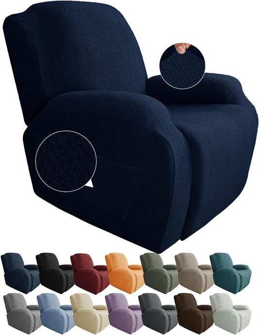 JIVINER 4-Piece Recliner Chair Covers Stretch Jacquard Covers for Recliner Chair Recliner Slipcovers for Living Room Soft Recliner Protector with Pocket (Recliner, Navy Blue)