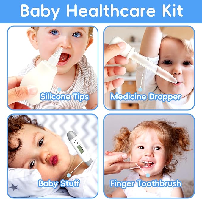 Baby Grooming Kit, Infant Safety Care Set with Baby Nose Aspirator，Baby Hair Brush Comb Nail Clipper Nasal Aspirator,Baby Essentials Kit for Newborn Girls Boys (17 Pc Grey White Kit)
