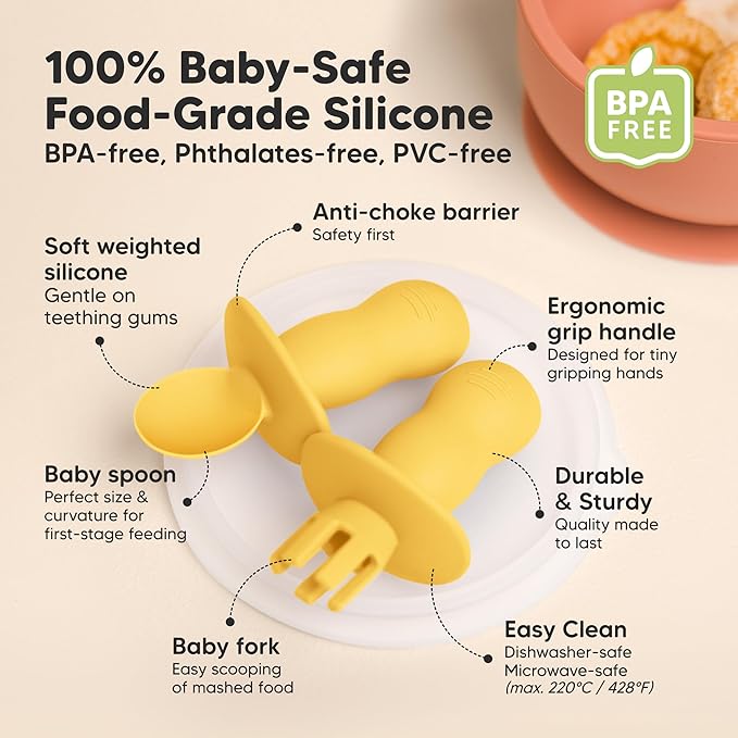 KeaBabies 4-Pack Silicone Baby Spoons and Forks Set - Baby Spoon Self Feeding, BLW Baby Utensils 6-12 Months,Baby Led Weaning Feeding Spoon,Teething Infant Baby First Food Training Pre Spoon (Valiant)