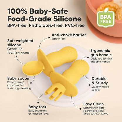 KeaBabies 4-Pack Silicone Baby Spoons and Forks Set - Baby Spoon Self Feeding, BLW Baby Utensils 6-12 Months,Baby Led Weaning Feeding Spoon,Teething Infant Baby First Food Training Pre Spoon (Valiant)