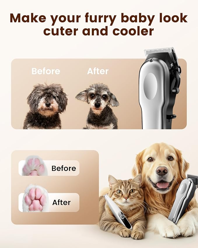 Dog Grooming Kit with Dog Paw Trimmer for Heavy Thick Hair, Low Noise Clippers for Grooming with Stainless Steel Blade, Cordless Dog Hair Clippers, Rechargeable Dog Shaver for Pets Cats