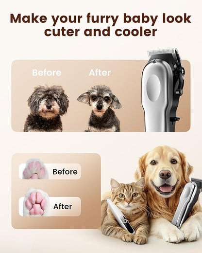 Dog Grooming Kit with Dog Paw Trimmer for Heavy Thick Hair, Low Noise Clippers for Grooming with Stainless Steel Blade, Cordless Dog Hair Clippers, Rechargeable Dog Shaver for Pets Cats