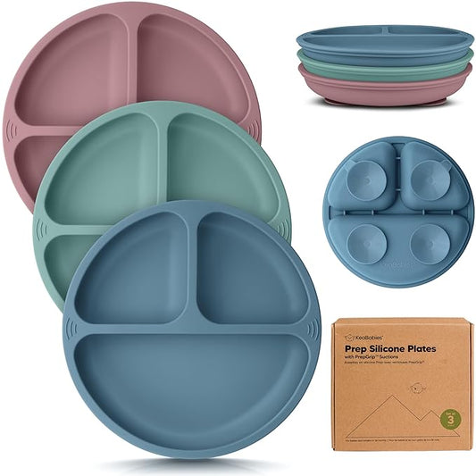 KeaBabies Suction Plates for Baby, Toddler - 3-Pack 100% Silicone Toddler Plates, Divided Baby Plates with Suction, Silicone Plates for Baby, Kids, BPA-Free, Microwave, Dishwasher Safe (Quantum)