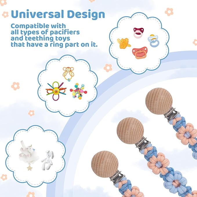 Pacifier Clip for Boys Girls Floral Daisy Macrame Baby Paci (1pack:Blue Daisy