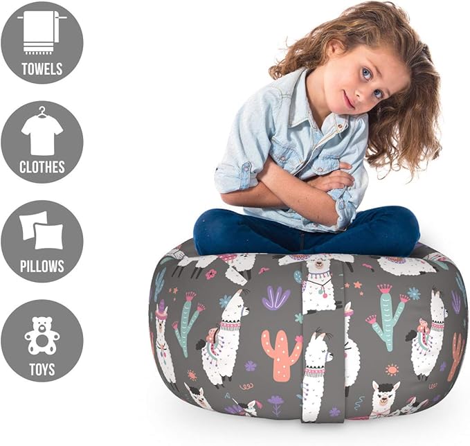 Lunarable Alpaca Storage Toy Bag Chair, Happy Cartoon Illustration of in Ornaments and Motifs Traditional, Stuffed Animal Organizer Washable Bag, Small Size, Grey White