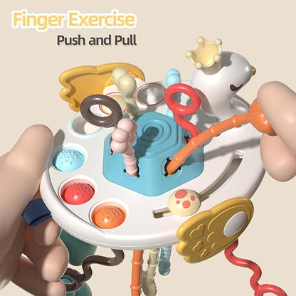 Baby Sensory Montessori Toys - Pull String Fine Motor Skills, Fidget Activity Travel Car Seat Toy with Pop Buttons Pressing Slider 18 Months