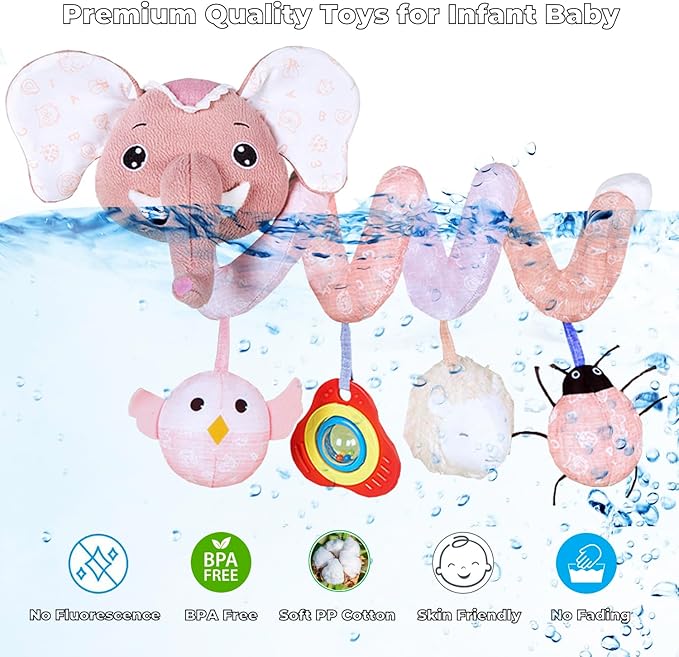 Musical Owl Rattle Sheep Pink Elephant Car Seat Toys for Babies 0-6 Months, Hanging Stroller Toys for Baby Girls 3-6 Month, Newborn Girl Infants Gift Toy