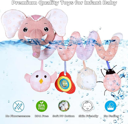 Musical Owl Rattle Sheep Pink Elephant Car Seat Toys for Babies 0-6 Months, Hanging Stroller Toys for Baby Girls 3-6 Month, Newborn Girl Infants Gift Toy