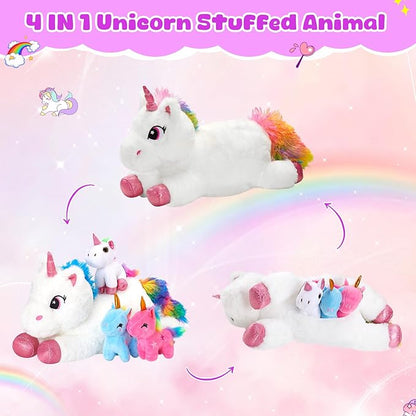 Houwsbaby Unicorn Mommy Stuffed Animal with 3 Babies Inside,4 in 1unicorn Plush Toy