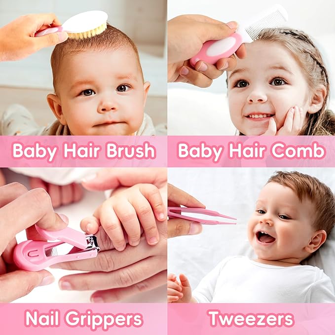 Baby Grooming Kit, Infant Safety Care Set with Baby Nose Aspirator，Baby Hair Brush Comb Nail Clipper Nasal Aspirator,Baby Essentials Kit for Newborn Girls Boys (17 Pc Pink Kit)