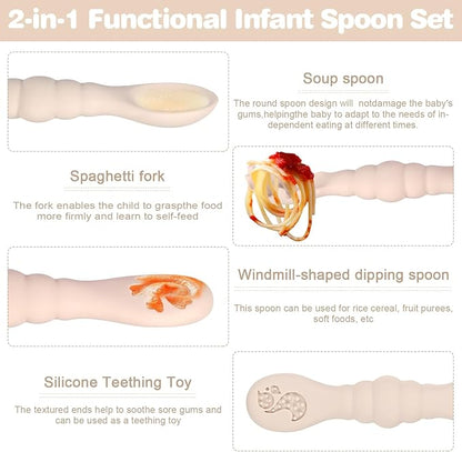 Silicone Baby Spoons Self Feeding 6+ Months 3PCS Toddler Forks and Spoons Utensils Baby Led Weaning Teething Spoon Infant Spoons First Stage Newborn Baby Essentials Baby Gifts Beige