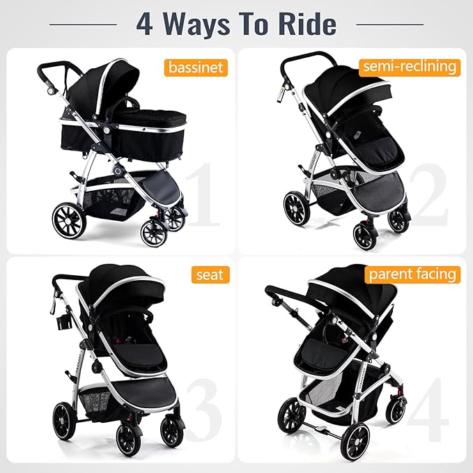 Baby Stroller, 2-in-1 Reversible Toddler Seat with Lie-Flat Mode, Foldable Infant Stroller with Canopy, One Button Brake, Adjustable Handle, Newborn Pushchair(Black)